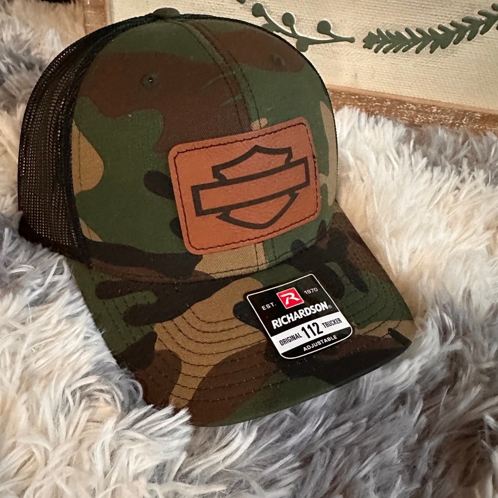 Richardson Camo 112 trucker hat. Harley Davidson patch. Brand new made by me!